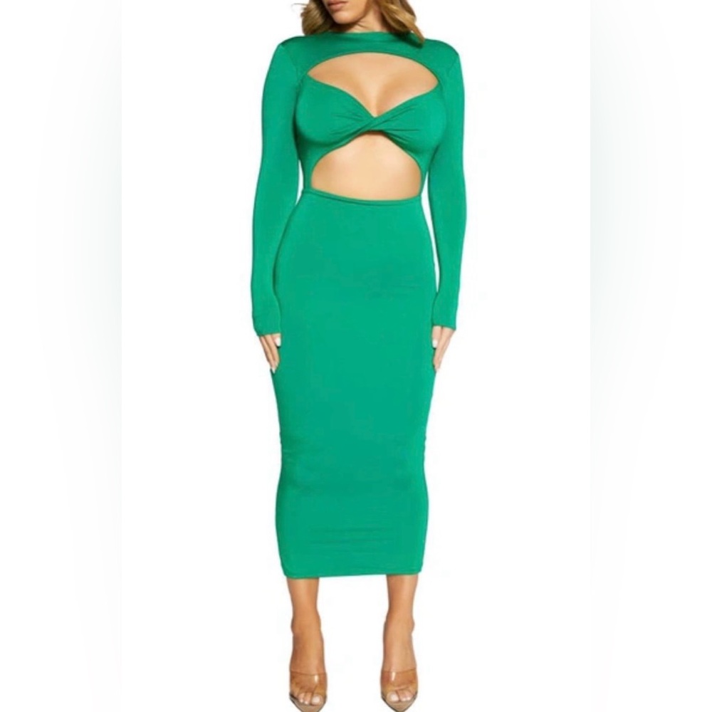 naked wardrobe Green Long Sleeve Cutout Bodycon Midi Dress
